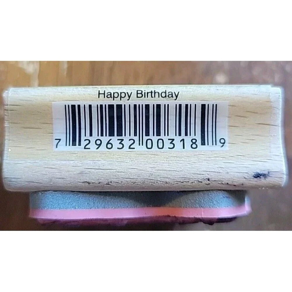 Rubber Stamp - Happy Birthday Script On Birthday Cake - Wood - Vap! Scrap